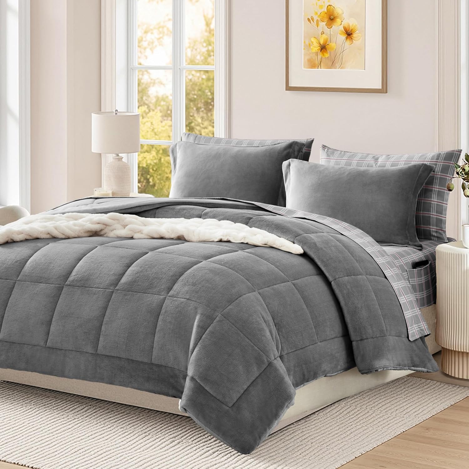 Plush Queen Comforter Set Brown, Flannel Velvet Comforter Sets 7 Pieces Bed in a Bag, Soft Warm Winter Bedding Set with Sheets, Pillowcases & Shams - Image 12