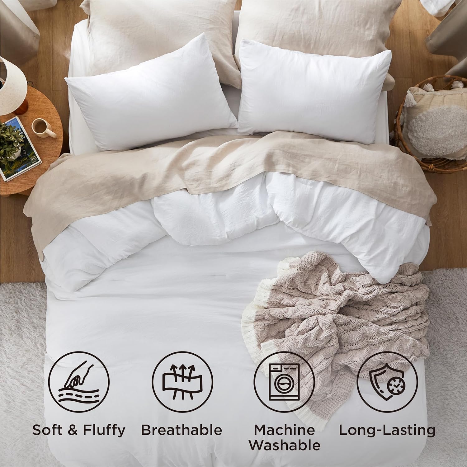 Bedsure Queen Size Comforter Set, White Soft Prewashed Bedding for All Seasons, 3 Pieces GentleSoft™ Warm Down Alternative Bed Set, 1 Lightweight Comforter (90"x90") and 2 Pillowcases (20"x26") - Image 4