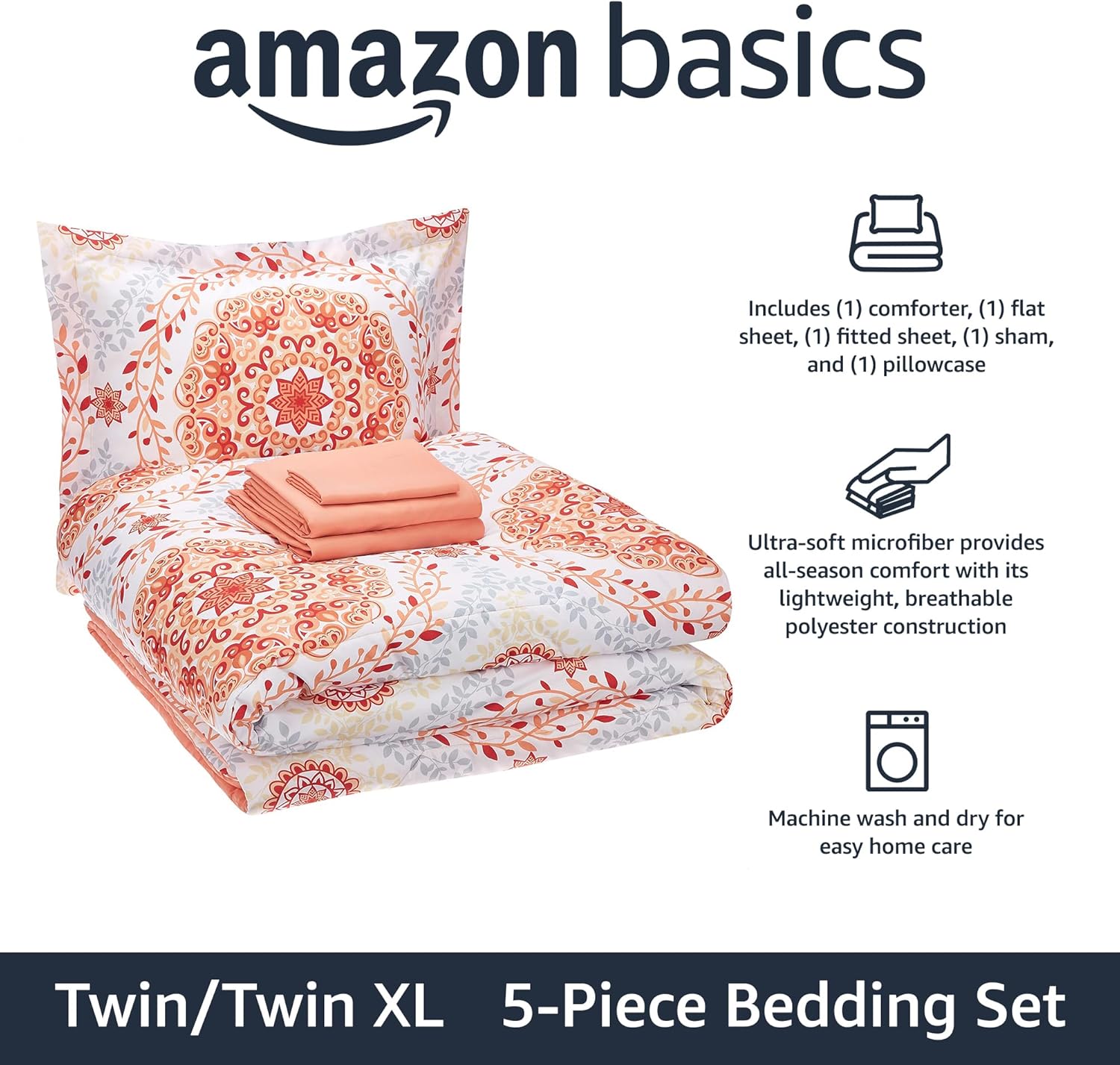 Amazon Basics Twin/Twin XL Comforter Set with Printed Sheets, 5-Piece Coral Medallion Bedding, Lightweight Microfiber Bed-in-a-Bag - Image 2