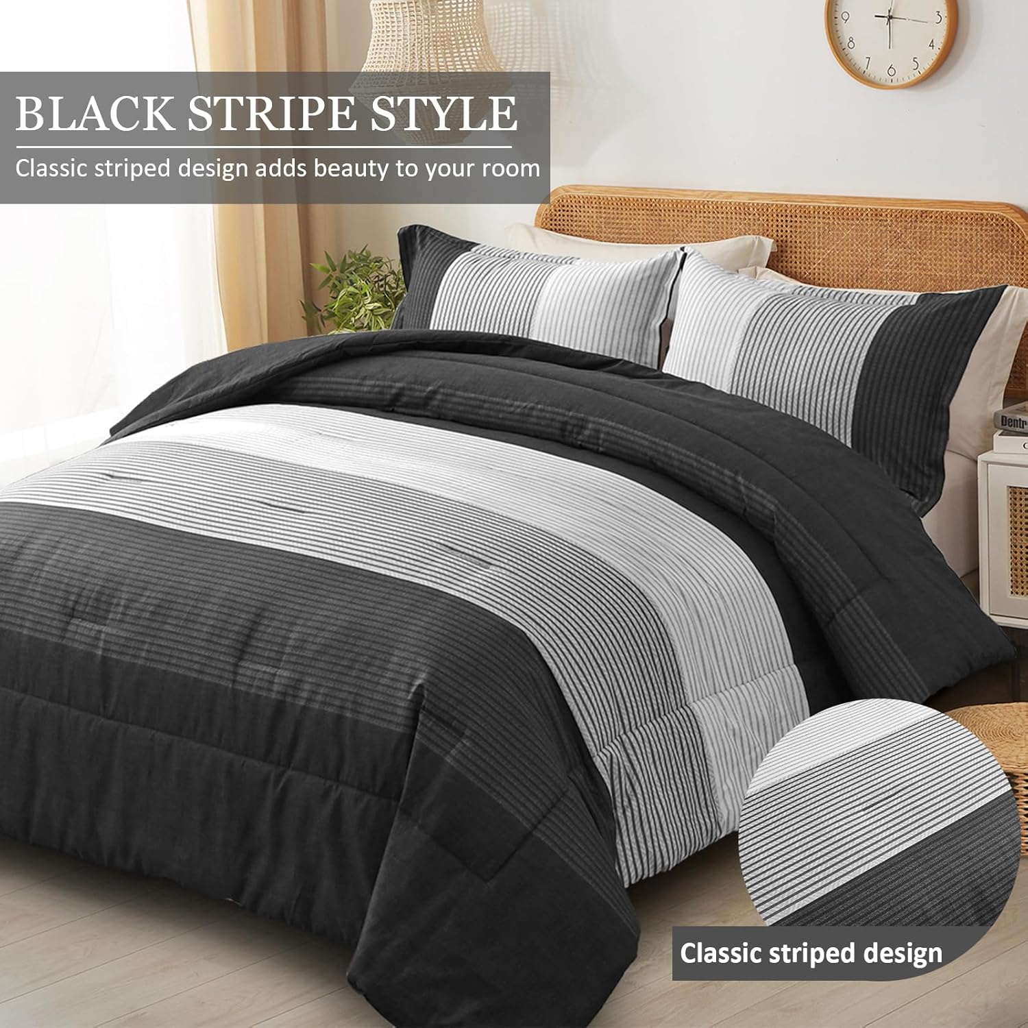 WONGS BEDDING Black Comforter Set Queen, Reversible Black Grey Stripe Down Alternative Comforter for All Season,3 Pieces(1 Patchwork Comforter+2 Pillowcases), Soft Microfiber Bedding Set 90"×90" - Image 2