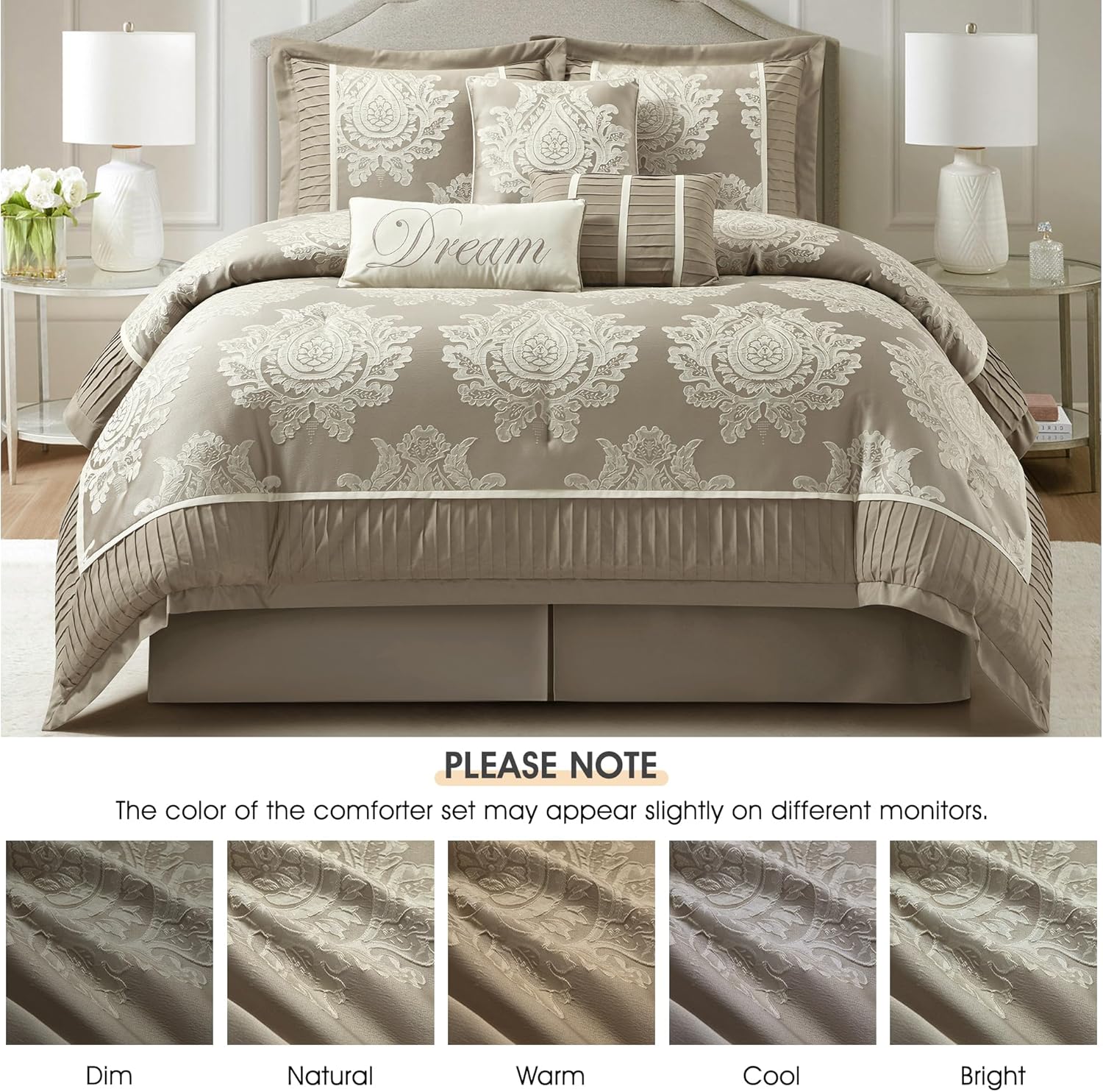 Beige California King Comforter Set 7 Pieces, Jacquard Woven with Damask, Bedding Set in a Bag Includes Comforter, Bed Skirt, Pillow Shams, and Decorative Pillows - Image 3