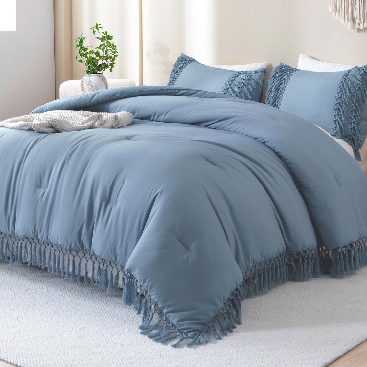 Andency Comforter Queen Size Set Beige, 3 Pieces Tassel Boho Lightweight Winter Bedding Comforters & Sets, All Season Bed Set (90x90In Comforter & 2 Pillowcases) - Image 10