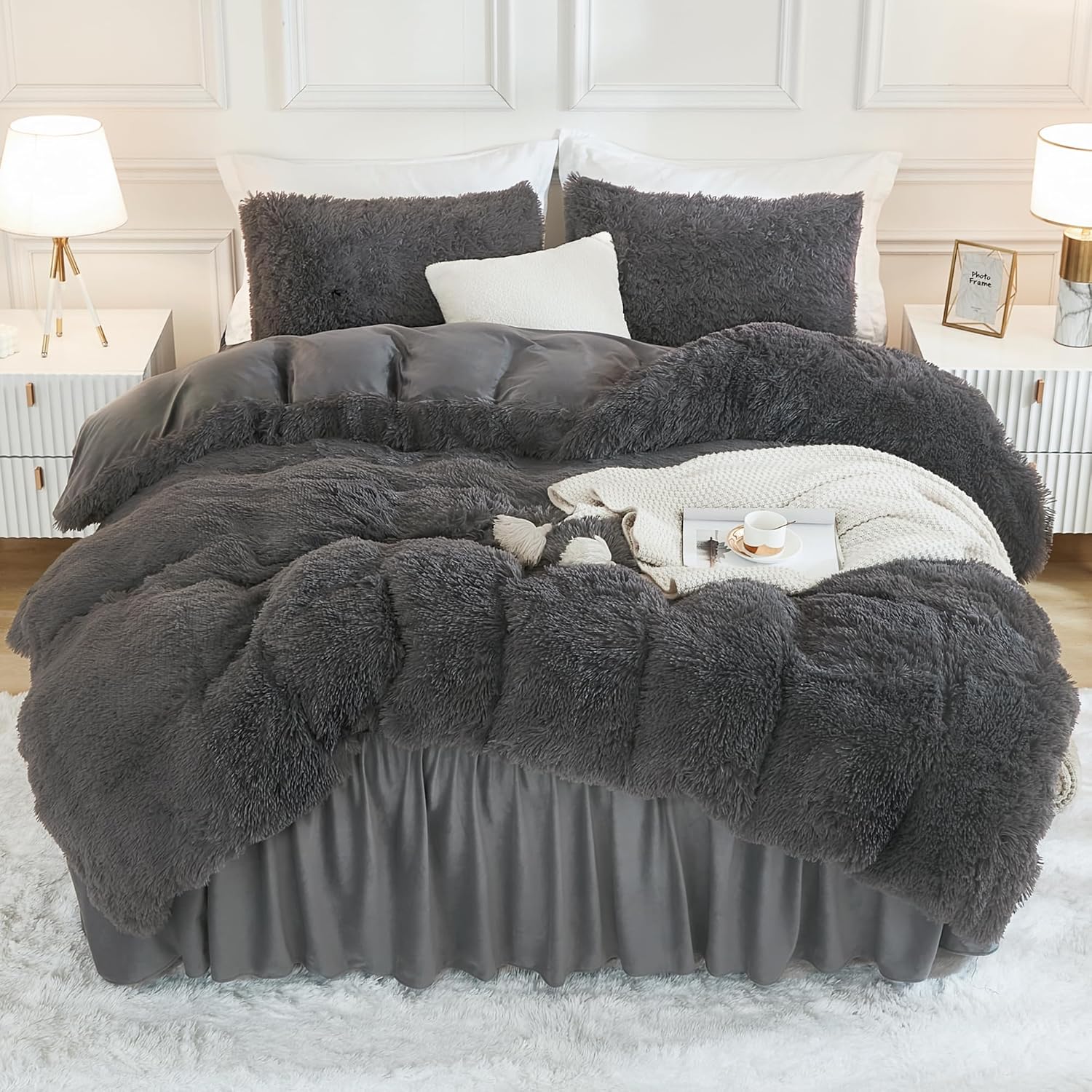 Andency Queen Comforter Set Black, Fluffy Winter Faux Fur Warm Soft Plush Bedding Comforter Set (1 Velvet Comforter & 2 Pillowcases), Fuzzy Thick Heavy Puffy Comforters Bed Set - Image 10