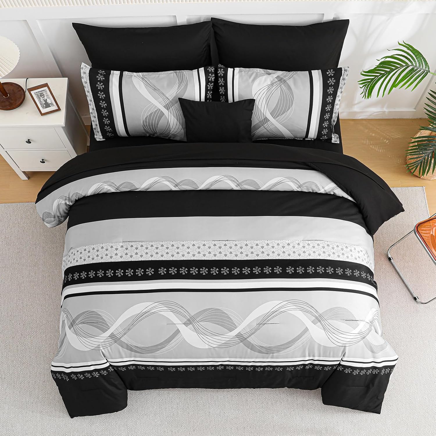 Anibedding Black Comforter Set Queen Size,8 Pieces Boho Bed in a Bag Patchwork Striped Comforter Set, Soft Microfiber Bedding Set for All Season(90"×90") - Image 2