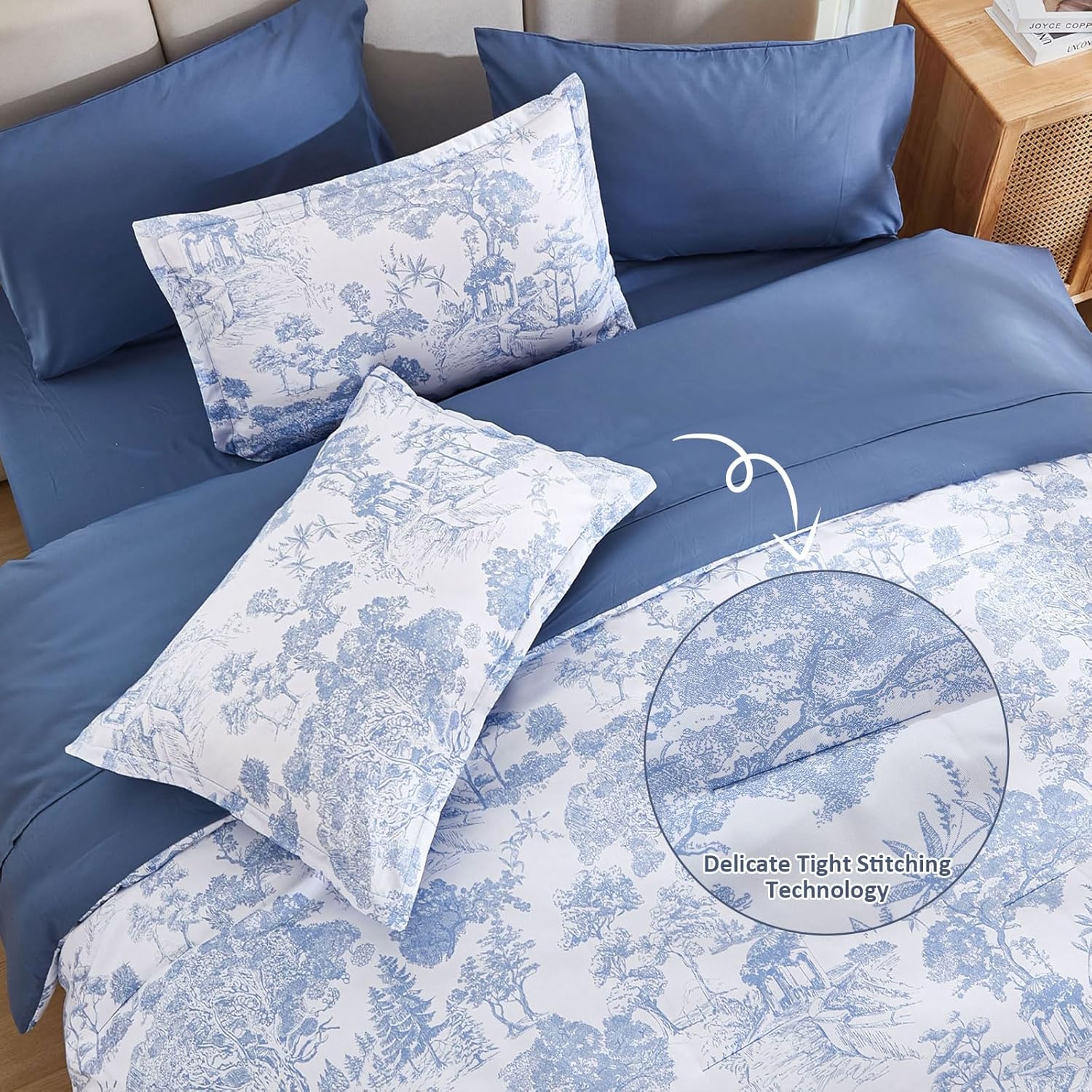 DJY Blue Comforter Set Queen, 7 Pieces Bed in a Bag Queen Size Botanical Comforters with Sheets Elegant Plants Print Soft Microfiber Reversible Complete Bedding Sets for All Season - Image 4