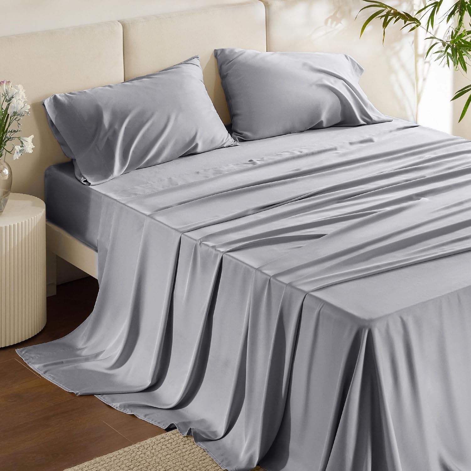 Bedsure King Size Sheets Set, Cooling Sheets for Hot Sleepers, Rayon Derived from Bamboo, Breathable & Soft, Deep Pocket Up to 16 Inches, Hotel Luxury Silky Bedding, Dark Grey - Image 20