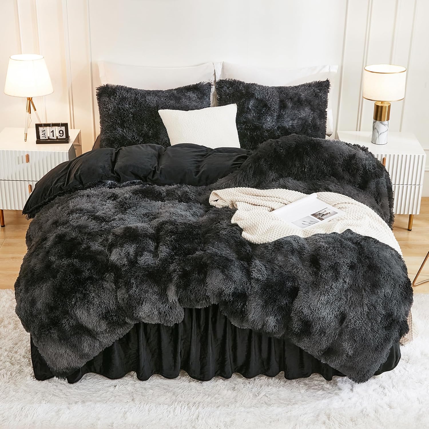 Andency Queen Comforter Set Black, Fluffy Winter Faux Fur Warm Soft Plush Bedding Comforter Set (1 Velvet Comforter & 2 Pillowcases), Fuzzy Thick Heavy Puffy Comforters Bed Set - Image 7