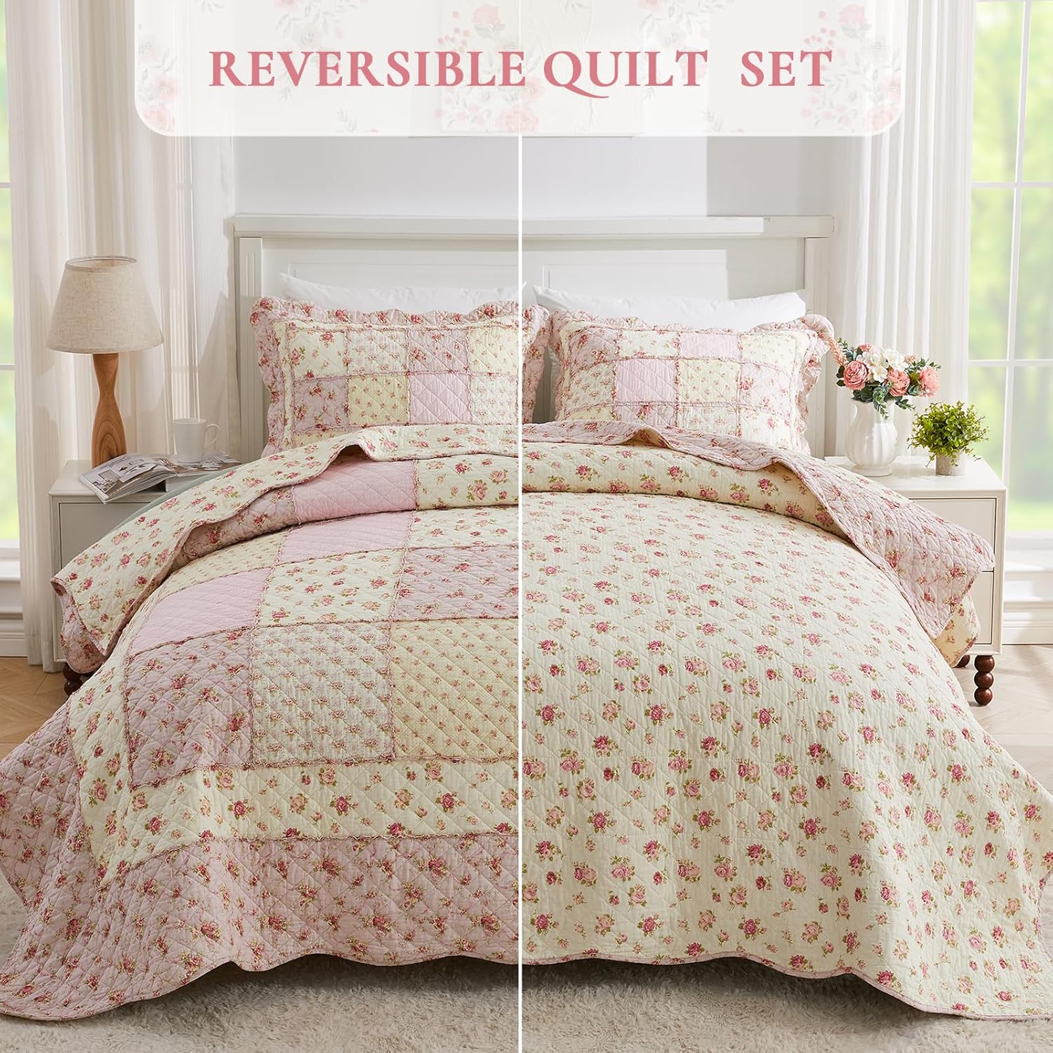 Cozyholy Queen Size Quilt Set 3-Piece, 100% Cotton Patchwork Quilt, Pink Floral Reversible Shabby Chic Bedding Bedspread for All Season, Soft Quilted Blanket with 2 Pillow Shams Machine Washable - Image 2