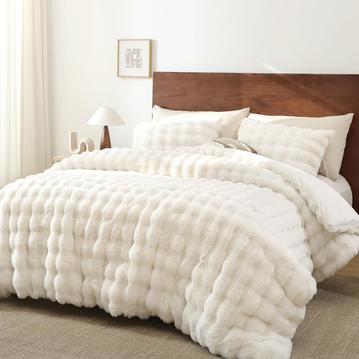 YIKUSH White Comforter Set Full – Ultra Soft & Warm Faux Fur Comforter for Winter, Elegant Fluffy Cream Comforter with Pillowcases, Cozy White Full Bedding Set - Image 4