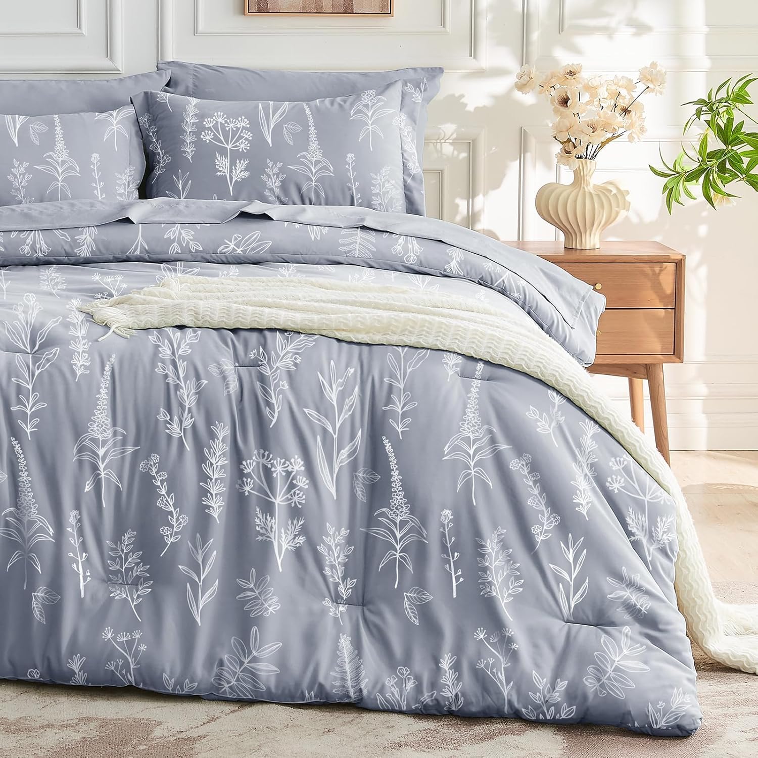 MUXHOMO Navy Blue Bed in a Bag Queen 7 Pieces, Queen Comforter Set Reversible Botanical Flowers Design, Ultra Soft & Breathable Bedding Sets with Comforter, Sheets, Pillowcases & Shams - Image 22