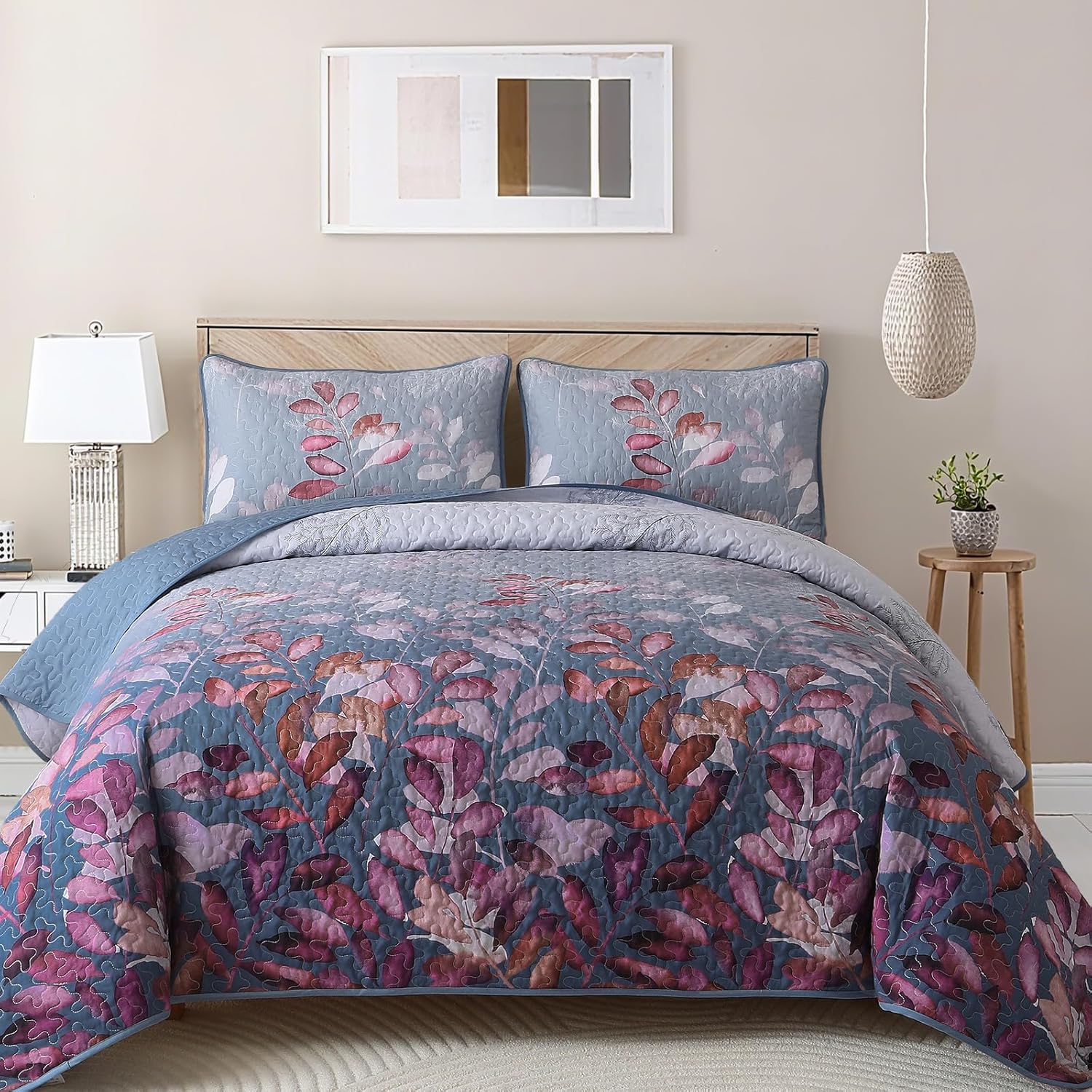 WONGS BEDDING Blue Quilt Set King Size,3 Pieces Navy Blue Floral Bedspread Coverlet Set with 2 Pillowcases,Soft Microfiber Lightweight Grayish Blue Gradient Floral Bedding Set 104"×90" - Image 10