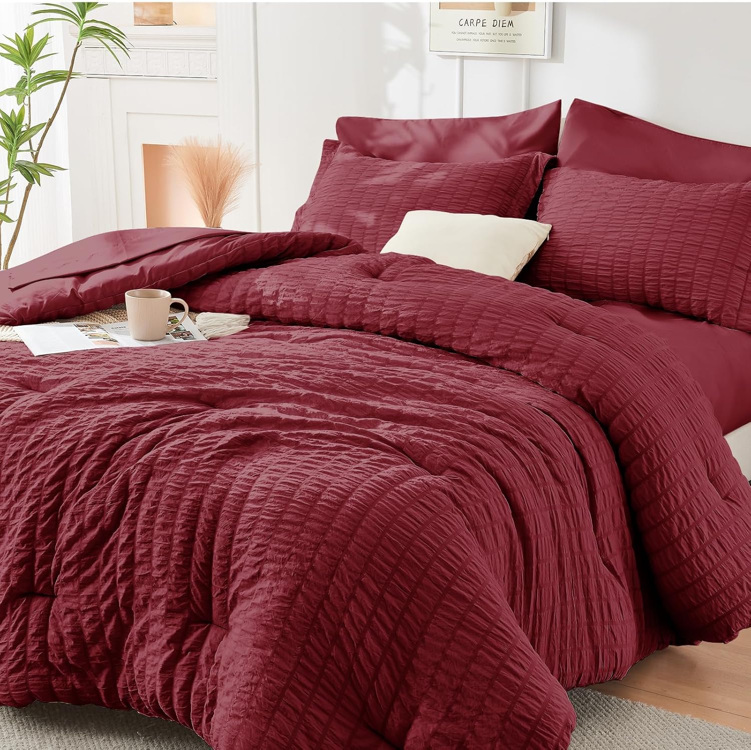 HYMOKEGE Queen Comforter Set Seersucker 7 Pieces, All Season Luxury Bed in a Bag for Bedroom, Bedding Set with Comforters, Sheets, Pillowcases & Shams, Dark Grey - Image 63