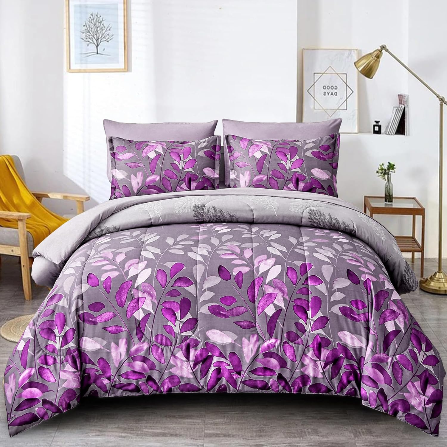 Blue Floral Comforter Set Queen Size 7 Piece Navy Botanical Gradient Leaves Ultra Soft Microfiber Down Alternative Bedding Set Lightweight Reversible Boho Bed Comforter Set for All Season 90" x 90" - Image 10