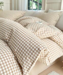LifeTB Queen Comforter Set Tan Gingham Comforter Modern Style Beige Plaid Comforter Set 3 Pieces Fluffy Grid Checkered Comforter with 2 Pillowcases Boho Gingham Bedding Set Queen Size