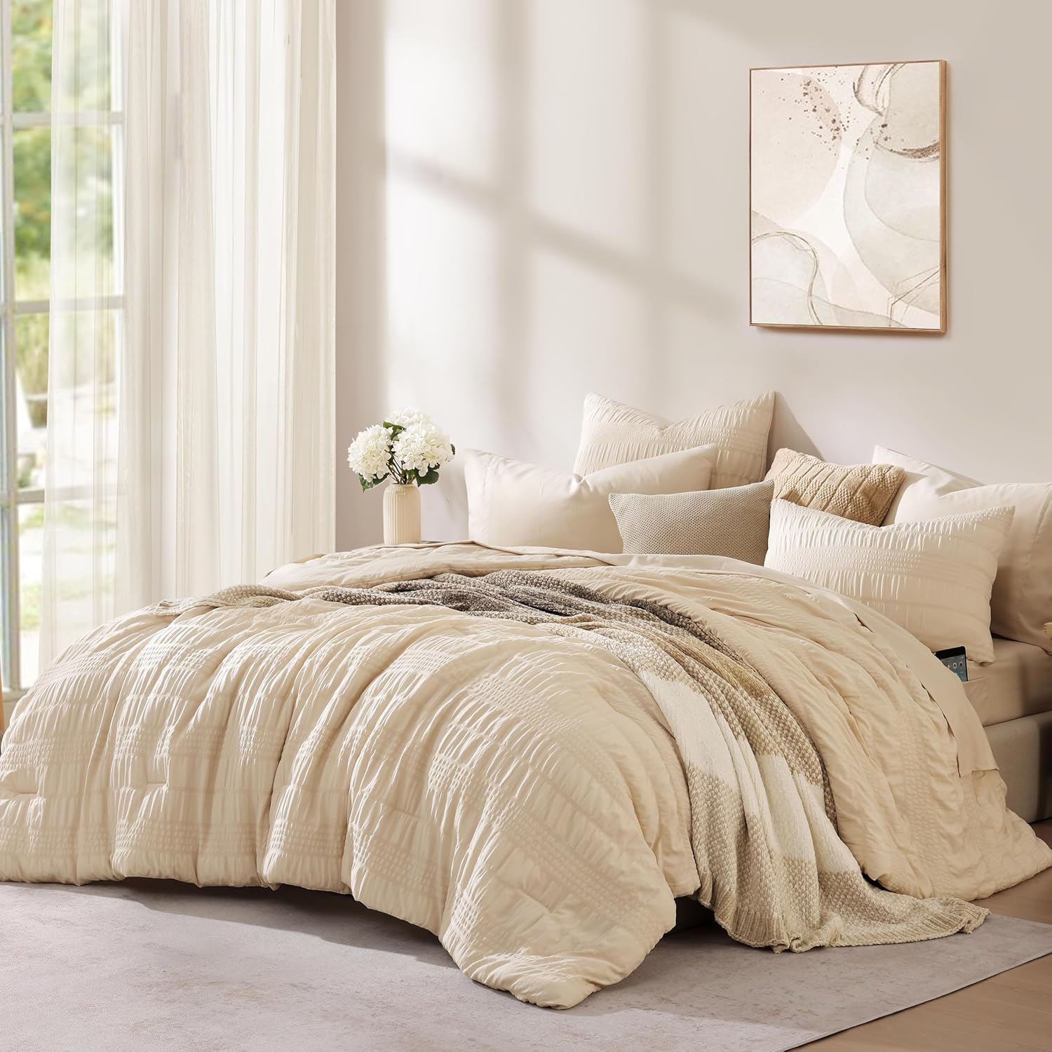 CASAAGUSTO Queen Comforter Set, 7 Pieces Oatmeal Seersucker Bed in a Bag Queen Size Soft All Seasons, Bedding Sets with Comforter, Flat Sheet, Fitted Sheet, 2 Pillow Shams, 2 Pillowcases - Image 7
