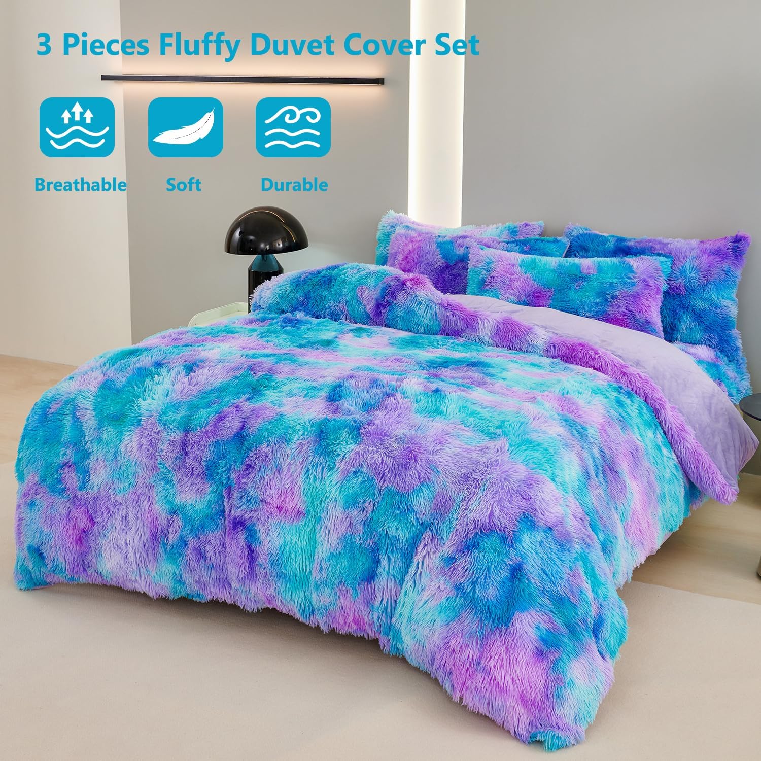 SUCSES Blue Purple Fluffy Twin Bedding Sets for Girls 3Pcs Faux Fur Plush Shaggy Kids Duvet Cover Set Twin Size Tie Dye Velvet Furry Comforter Cover Set - Image 3