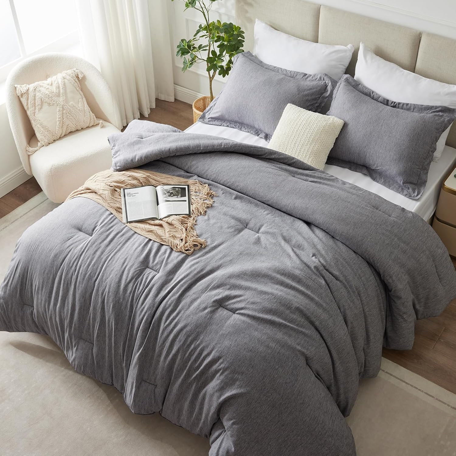 CozyLux Queen Comforter Set - 3 Pieces Light Grey Soft Luxury Cationic Dyeing Queen Comforter for All Season, Light Gray Breathable Lightweight Fluffy Bedding Sets with 1 Comforter and 2 Pillow Shams - Image 9