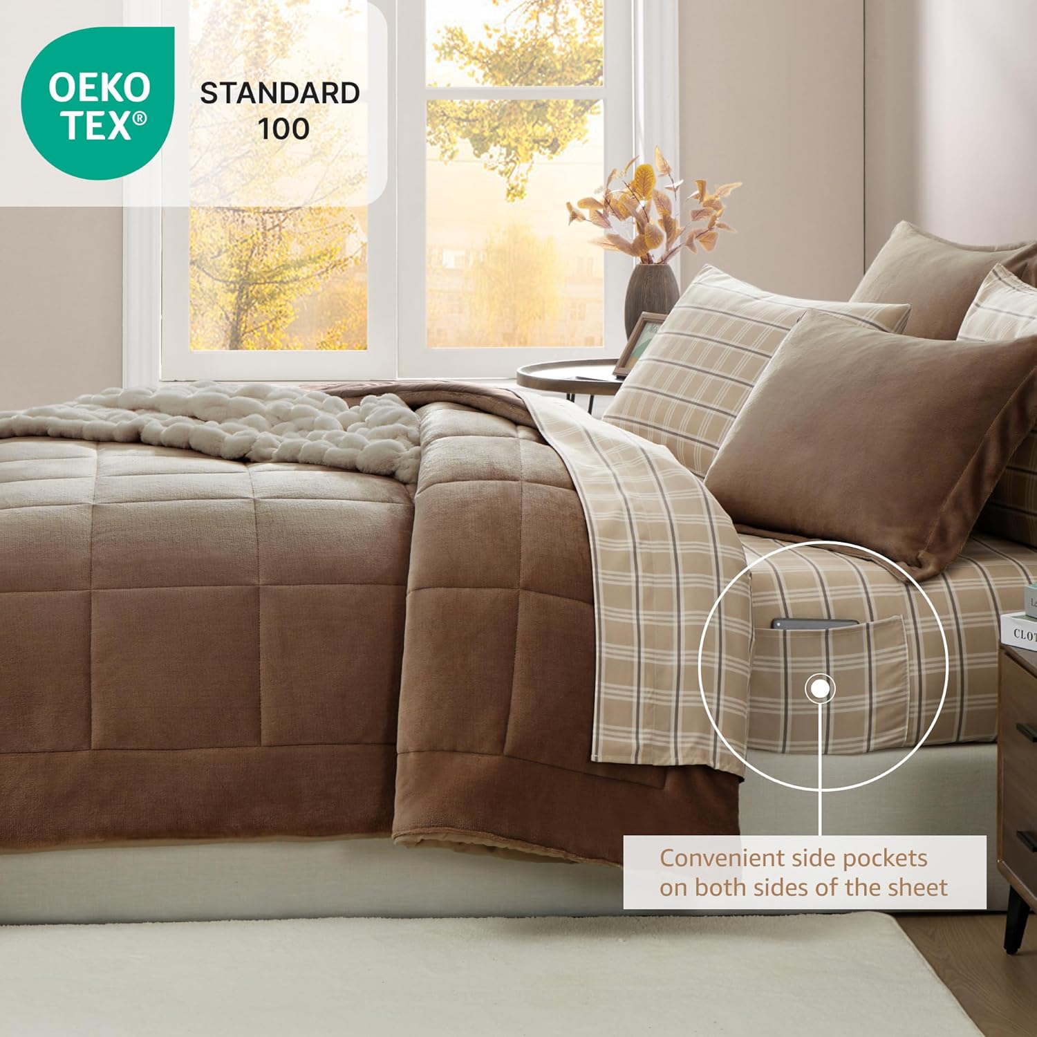 Plush Queen Comforter Set Brown, Flannel Velvet Comforter Sets 7 Pieces Bed in a Bag, Soft Warm Winter Bedding Set with Sheets, Pillowcases & Shams - Image 5