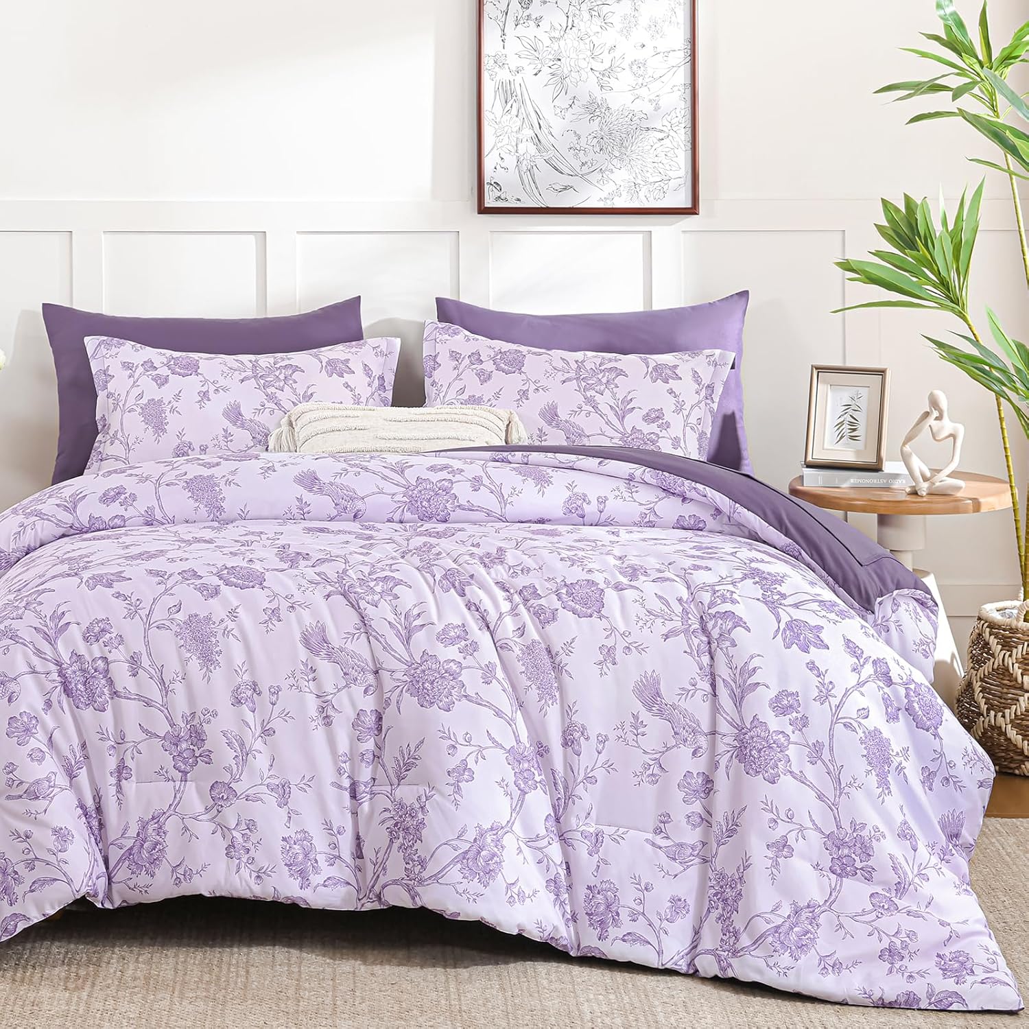 Luxudecor Floral Queen Comforter Set 7 Pieces Bed in a Bag, Sage Green Flower with Bird Bedding Set, Soft Reversible Comforter with Sheet Set 90"x90" - Image 10