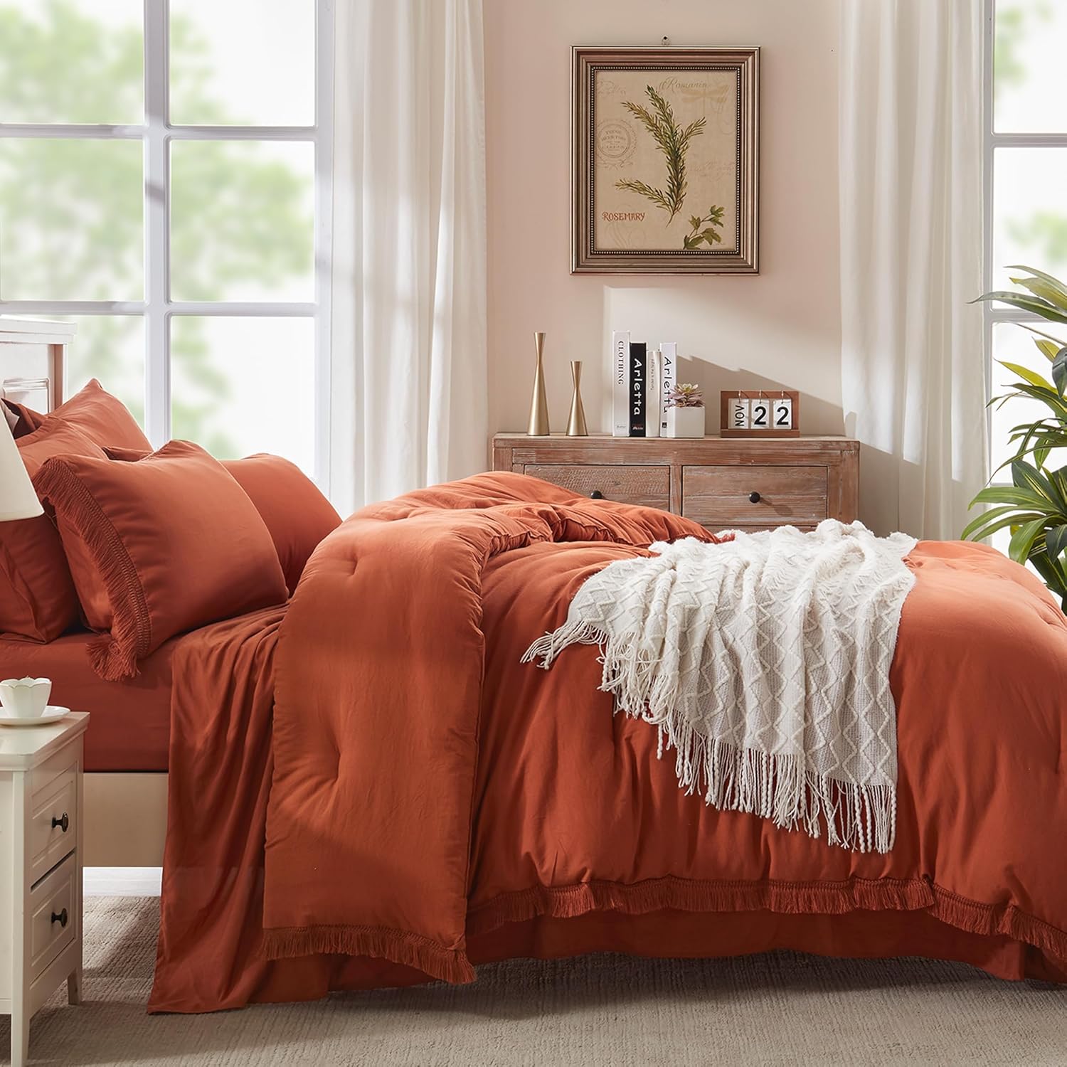 Andency Queen Comforter Set with Sheets Burnt Orange - 7 Pieces Boho Tassel Bed in a Bag Soft Lightweight Bedding Sets, Terracotta Rust Fringe Bed Set with Comforter, Sheets, Pillowcases & Shams - Image 6