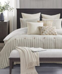 Madison Park King Comforter Set Clipped Jacquard Stripes with Buttons Boho Comforter for a King-Size Bed, Cotton Oversized Comforters with Removable Cover Boho Bedding, King Ivory 9 Piece