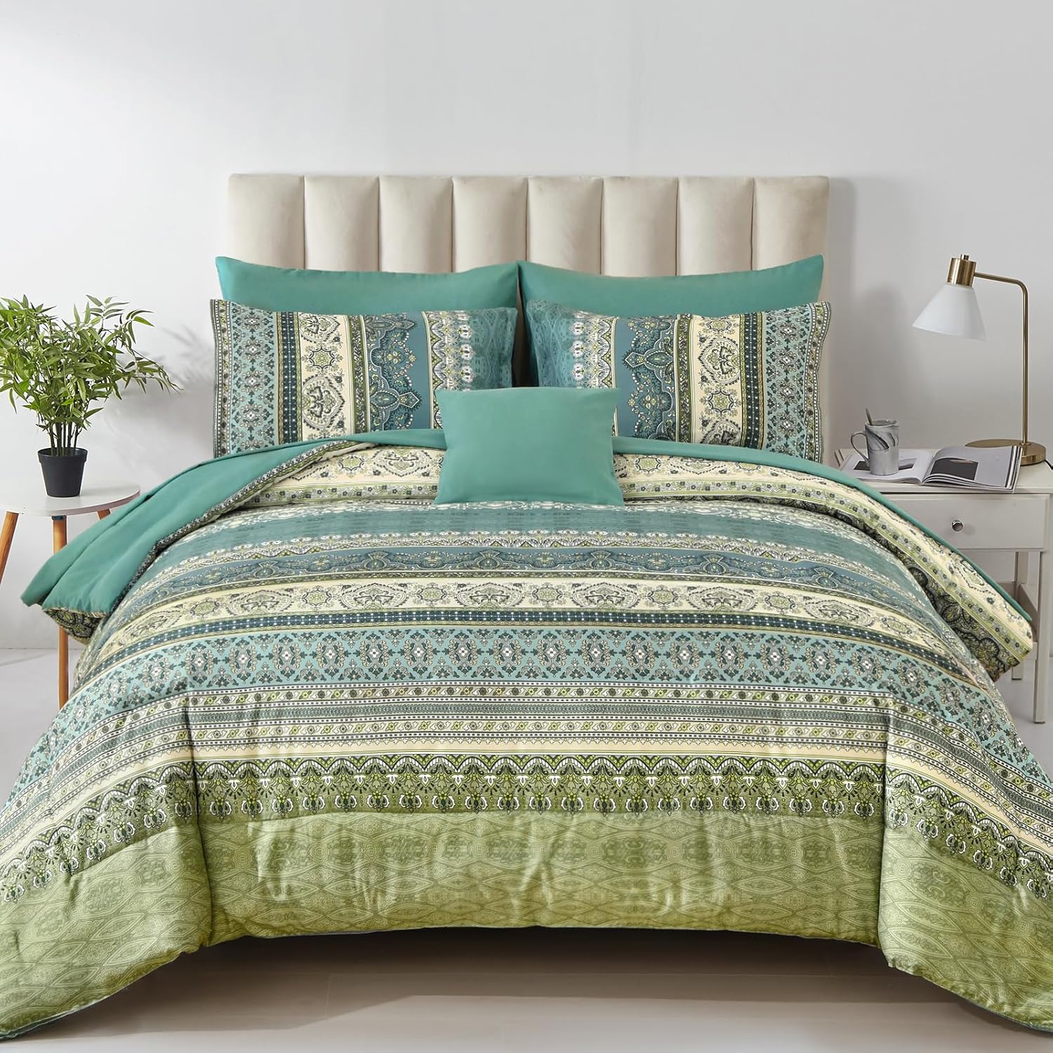 Cottolester Boho Comforter Set Full Size 8 Piece Bed in a Bag Bohemian Striped Bedding Quilt Set Aqua Paisley Floral Comforter and Sheet Set,Soft Microfiber Complete Bedding Sets for All Season - Image 27