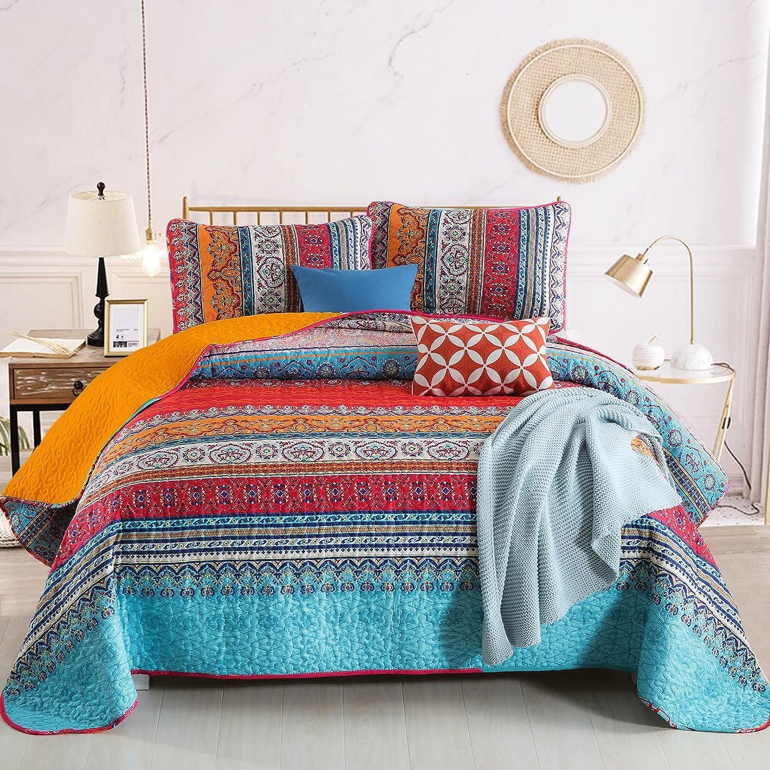 WONGS BEDDING Bohemian Quilt Set King Size, Boho Striped Printed Bedding Bedspread Coverlet Set for All Season, Lightweight Microfiber Quilts with 2 Pillowcases 104"x90" (3 Pieces, Colorful) - Image 24