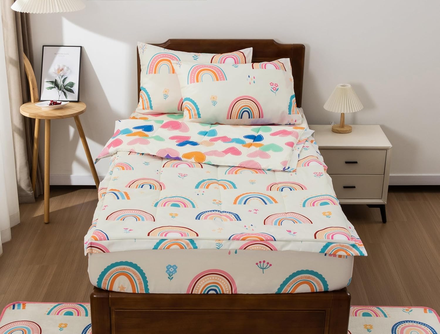 Meeting Story 3pcs Kids Comforter Sets Zipper Bedding Set for Girls,Twin Kid Bedding Set Rainbow Comforter Flower Bedding for Kid,All in one Zipper Bedding(Beige,Twin) - Image 4