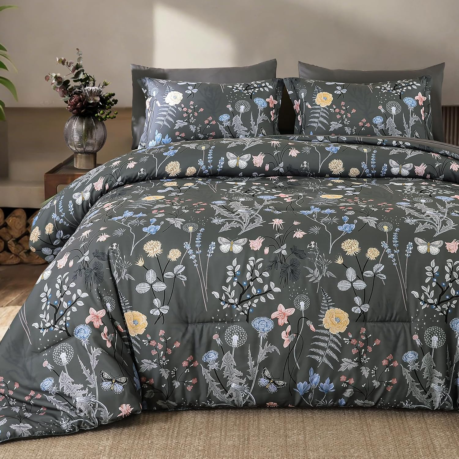 Yiran Queen Comforter Set 7 Piece, Dark Green Floral Bedding Set, Bed in a Bag Queen with Botanical Flowers Patterns, Soft Microfiber Complete Bedding Set with Sheets for All Season - Image 13