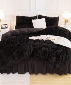 Andency Queen Comforter Set Black, Fluffy Winter Faux Fur Warm Soft Plush Bedding Comforter Set (1 Velvet Comforter & 2 Pillowcases), Fuzzy Thick Heavy Puffy Comforters Bed Set