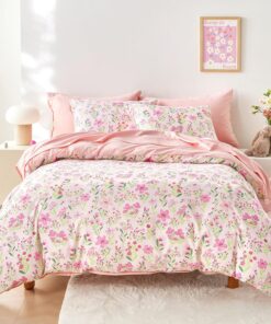 Wake In Cloud - Floral Bedding Set for Girls, Cute Colorful Botanical Flowers Patterned Soft Lightweight Comforter Set with Sheets, 5 Pieces Kids Bed in a Bag, Light Pink, Twin Size