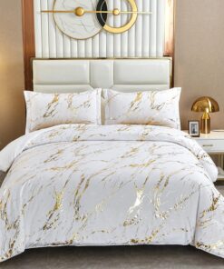 WONGS BEDDING White Gold Metallic Marble Comforter Set Queen Foil Print Glitter Bedding Sets with 2 Pillowcases for All Seasons, Soft Microfiber Filling Bedding Duvet Set 90"x90"