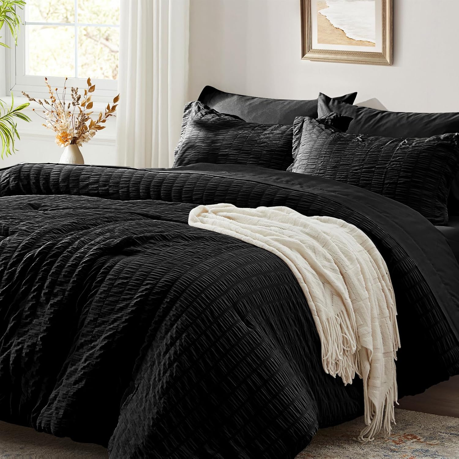 Zzlpp Queen Comforter Set 7 Pieces, Olive Green Seersucker Bed in a Bag with Comforter and Sheets, All Season Bedding Sets with 1 Comforter, 2 Pillow Shams, 2 Pillowcases, 1 Flat Sheet - Image 14