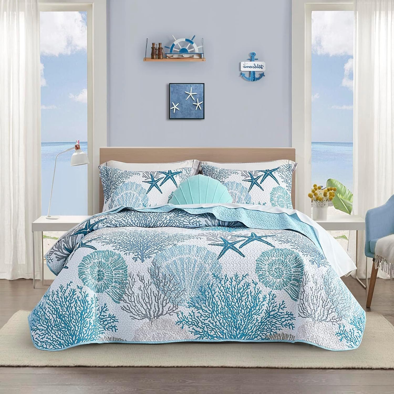 Tritard 3 Piece Coastal Quilt Sets Full/Queen Size - Reversible Microfiber Quilts with 2 Shams Soft Lightweight Beach Bedding Nautical Bedspread Coverlet Summer Comforter for All Season, 90''x96'', C1 - Image 7