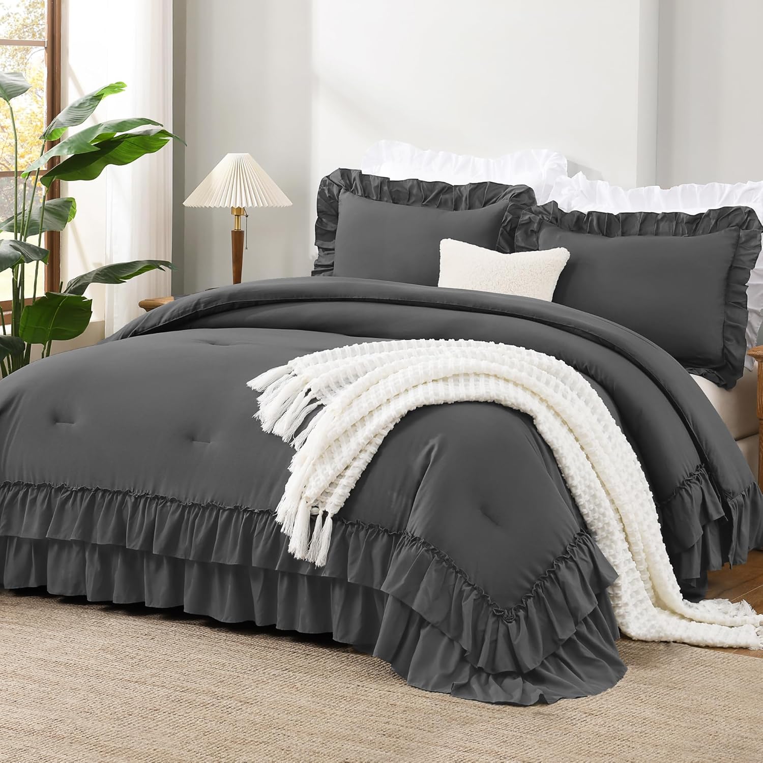 Andency Beige Full Size Comforter Set, 3 Pieces Farmhouse Shabby Chic Ruffle Comforter, Soft Lightweight Fluffy All Season Microfiber Bedding Comforter Set for Kids, Girls, Women - Image 13