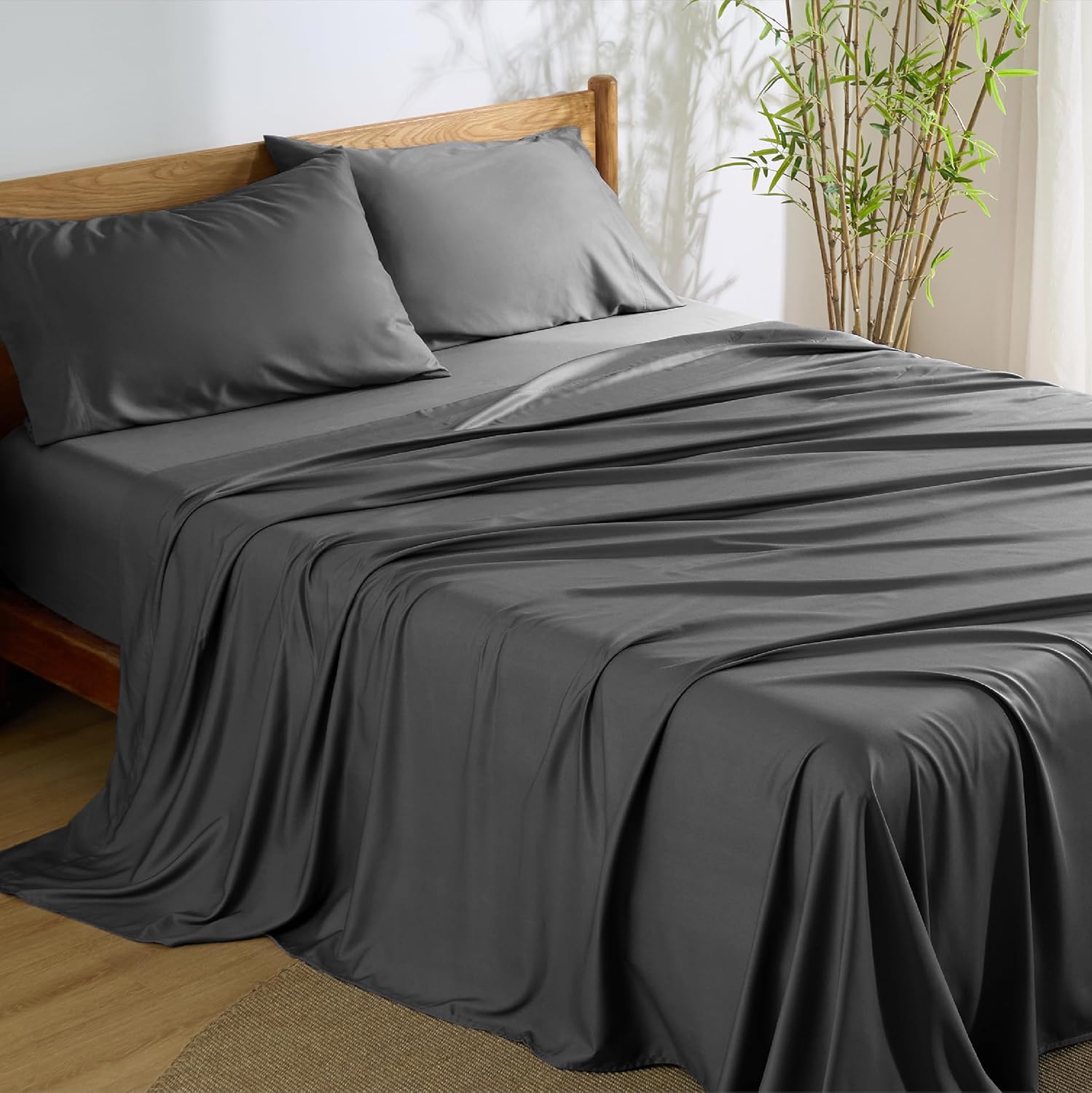 Bedsure King Size Sheets Set, Cooling Sheets for Hot Sleepers, Rayon Derived from Bamboo, Breathable & Soft, Deep Pocket Up to 16 Inches, Hotel Luxury Silky Bedding, Dark Grey - Image 59