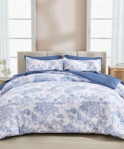 DJY Blue Comforter Set Queen, 7 Pieces Bed in a Bag Queen Size Botanical Comforters with Sheets Elegant Plants Print Soft Microfiber Reversible Complete Bedding Sets for All Season
