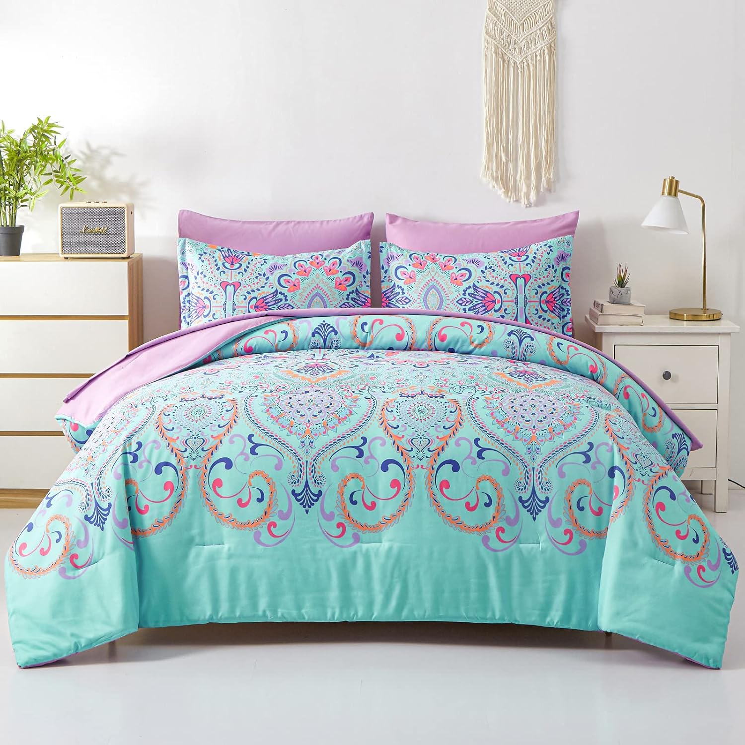 Boho Comforter Set Queen - 7 Pieces Bed in a Bag Floral Medallions Design, Bohemian Comforter Set with Sheets, Soft Microfiber Complete Bedding Sets All Season (Teal Blue, Queen) - Image 8