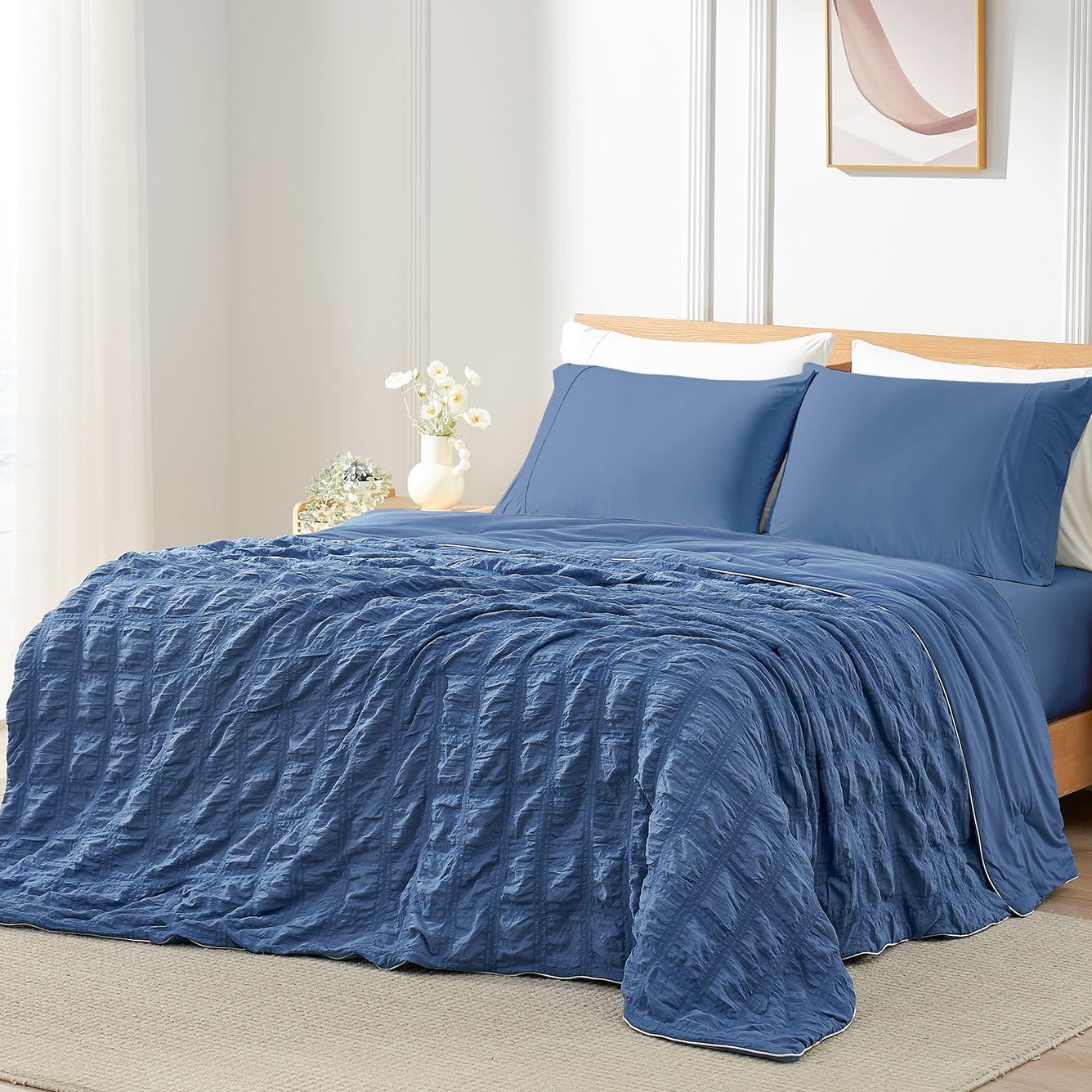 Cozy Bliss Cooling Comforter Queen Size Seersucker Plaid, Q-Max 0.4 Reversible Lightweight Cooling Blanket, Breathable Silk Smooth Summer Bedding Quilt for Hot Sleepers Night Sweats White - Image 12