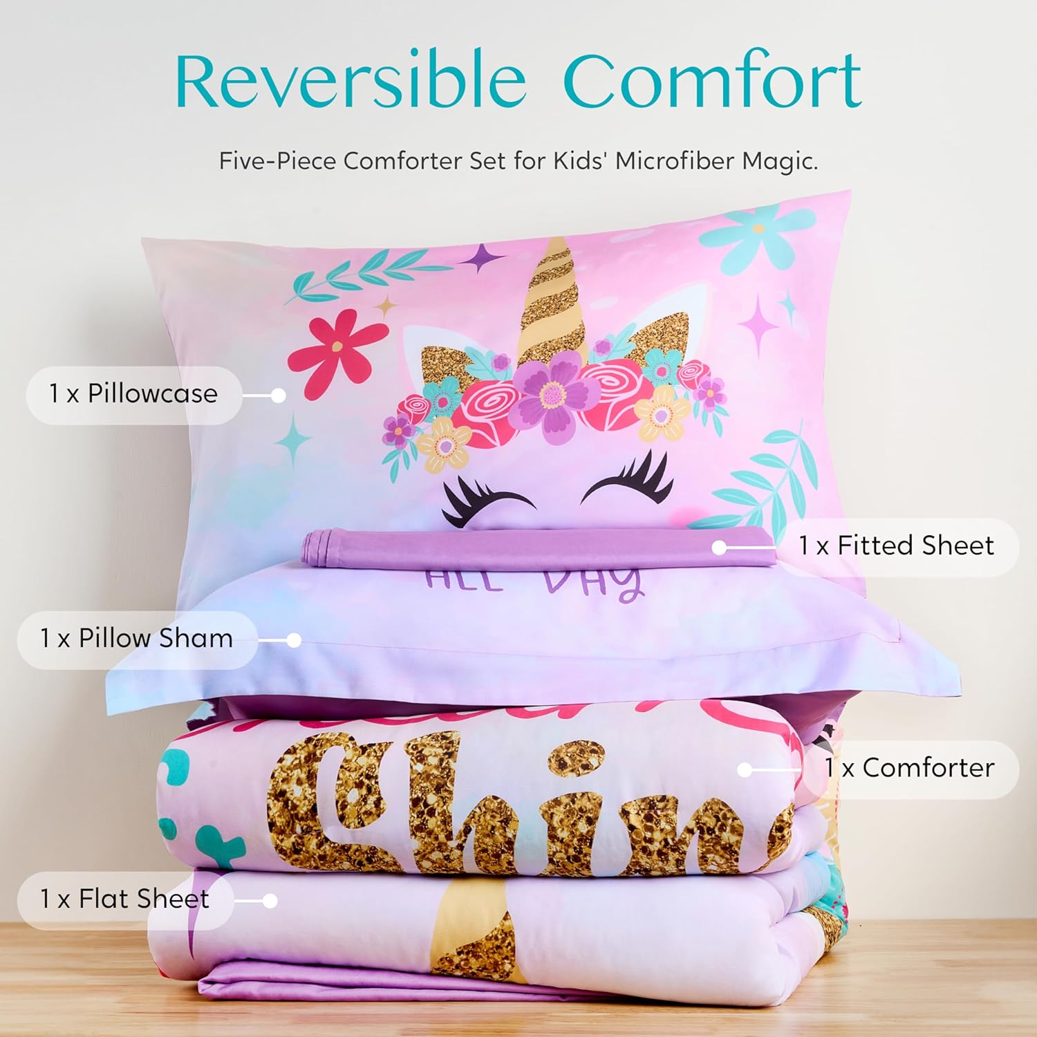 Joiedomi Kid Twin Comforter Set 5 Piece Unicorn Bedding Set for Boys Girls Super Soft Microfiber Bed in a Bag with Comforter Sheets Pillowcase Sham - Image 6