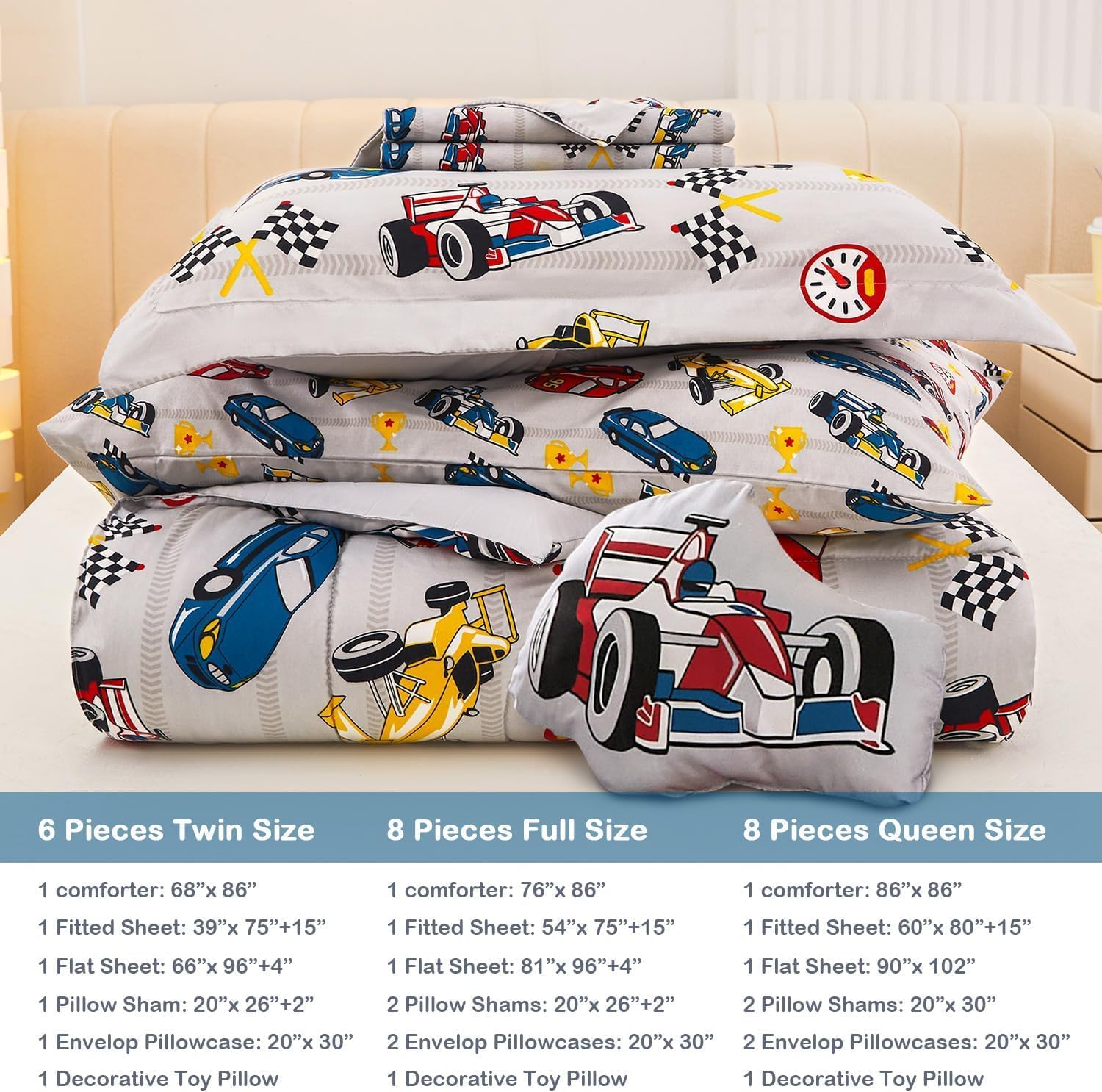 Mooreeke Full Size Comforter Sets for Boys Kids, 8 Pieces Bed in a Bag Racing Car Bedding Comforter Sheet Set with Shams and Decorative Toy Pillow, Ultral Soft Microfiber Kids Bed Set - Image 2