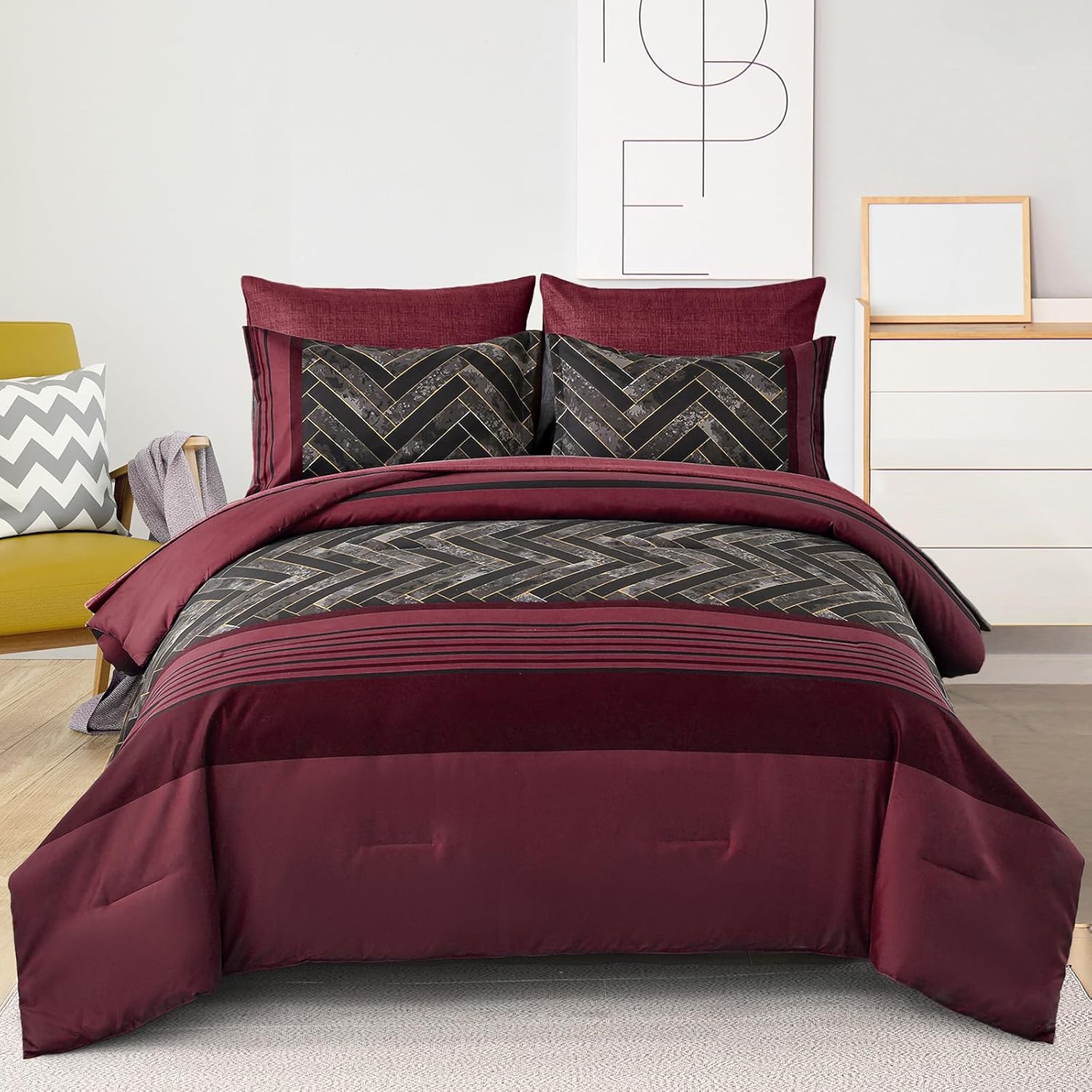Luxudecor Burgundy Comforter Set King Size 7 Pieces Red and Black Stripe Bed in a Bag Geometric Comforter and Sheet Set, Soft Microfiber Complete Bedding Sets for All Seasons