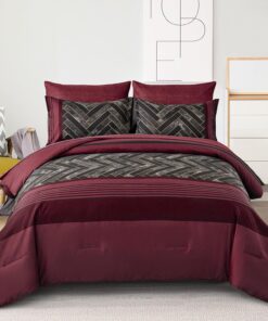 Luxudecor Burgundy Comforter Set King Size 7 Pieces Red and Black Stripe Bed in a Bag Geometric Comforter and Sheet Set, Soft Microfiber Complete Bedding Sets for All Seasons