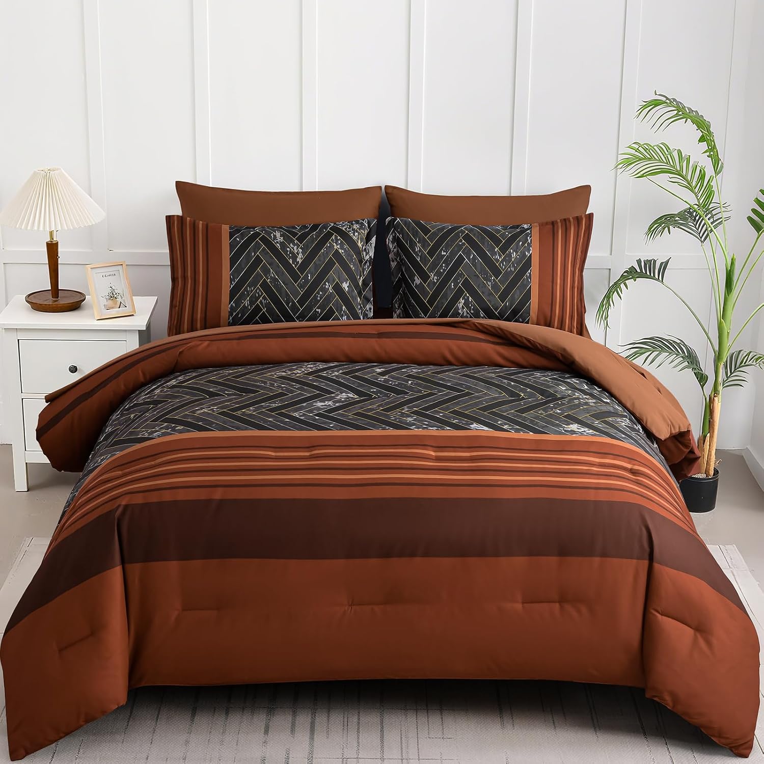 Luxudecor Burgundy Comforter Set King Size 7 Pieces Red and Black Stripe Bed in a Bag Geometric Comforter and Sheet Set, Soft Microfiber Complete Bedding Sets for All Seasons - Image 12