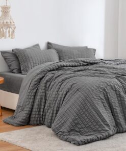 Love's cabin Seersucker Dark Grey Queen Comforter Set 7 Pieces, All Season Bedding Set, Queen Bed in a Bag Comforter Set with Comforter, Flat Sheet, Fitted Sheet, Pillowcase and Pillow Sham
