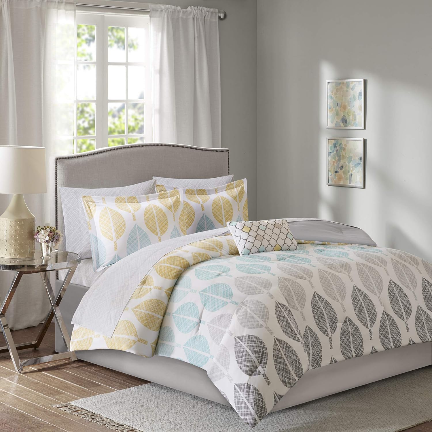 Madison Park Essentials Queen Comforter Set, Bed in a Bag Queen, Watercolor Print Coastal Comforter & Chambray Cotton Sheet Set, All Season Bedding Set, Saben, Aqua Queen (90 in x 90 in) 9 Piece - Image 9