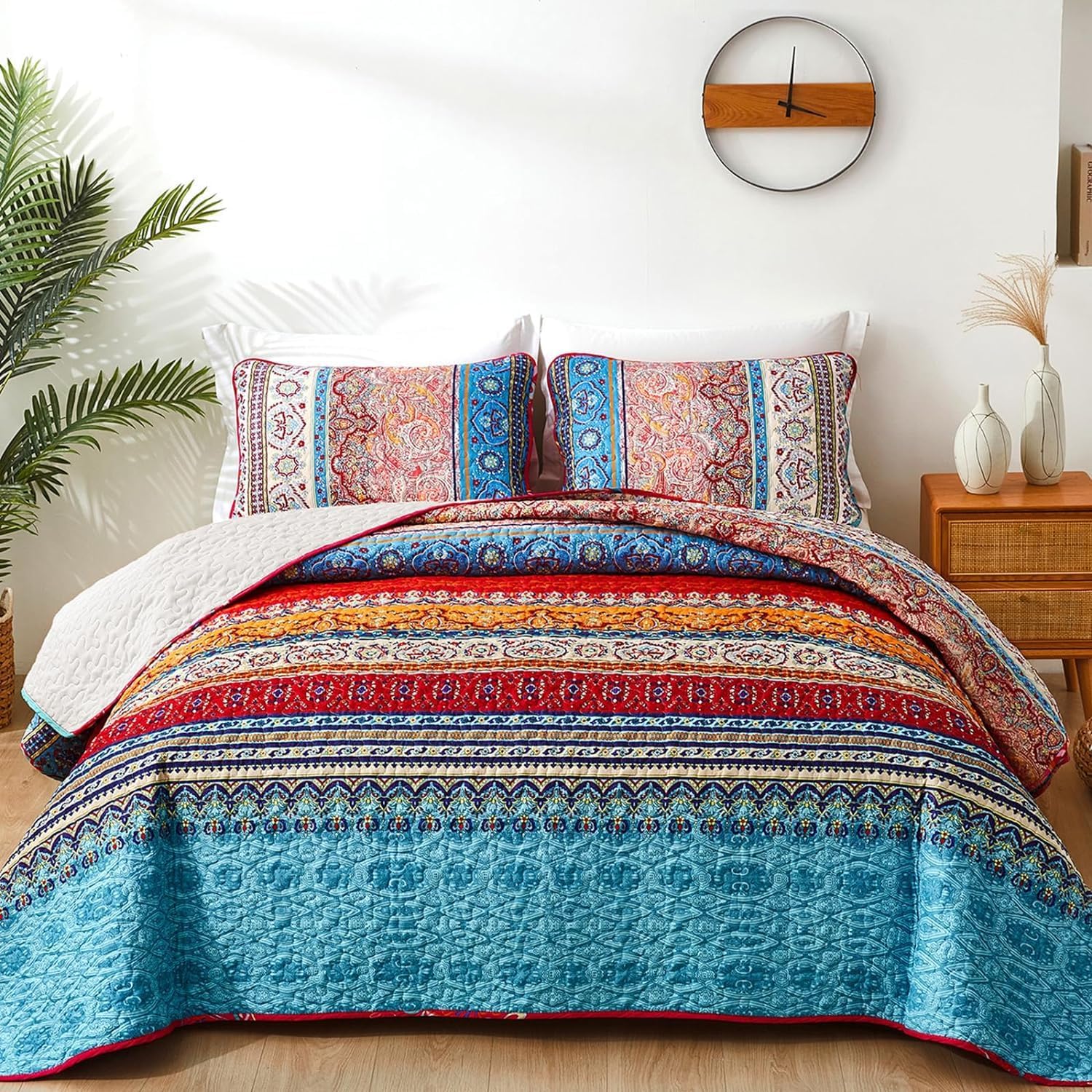 WONGS BEDDING Bohemian Quilt Set King Size, Boho Striped Printed Bedding Bedspread Coverlet Set for All Season, Lightweight Microfiber Quilts with 2 Pillowcases 104"x90" (3 Pieces, Colorful) - Image 12
