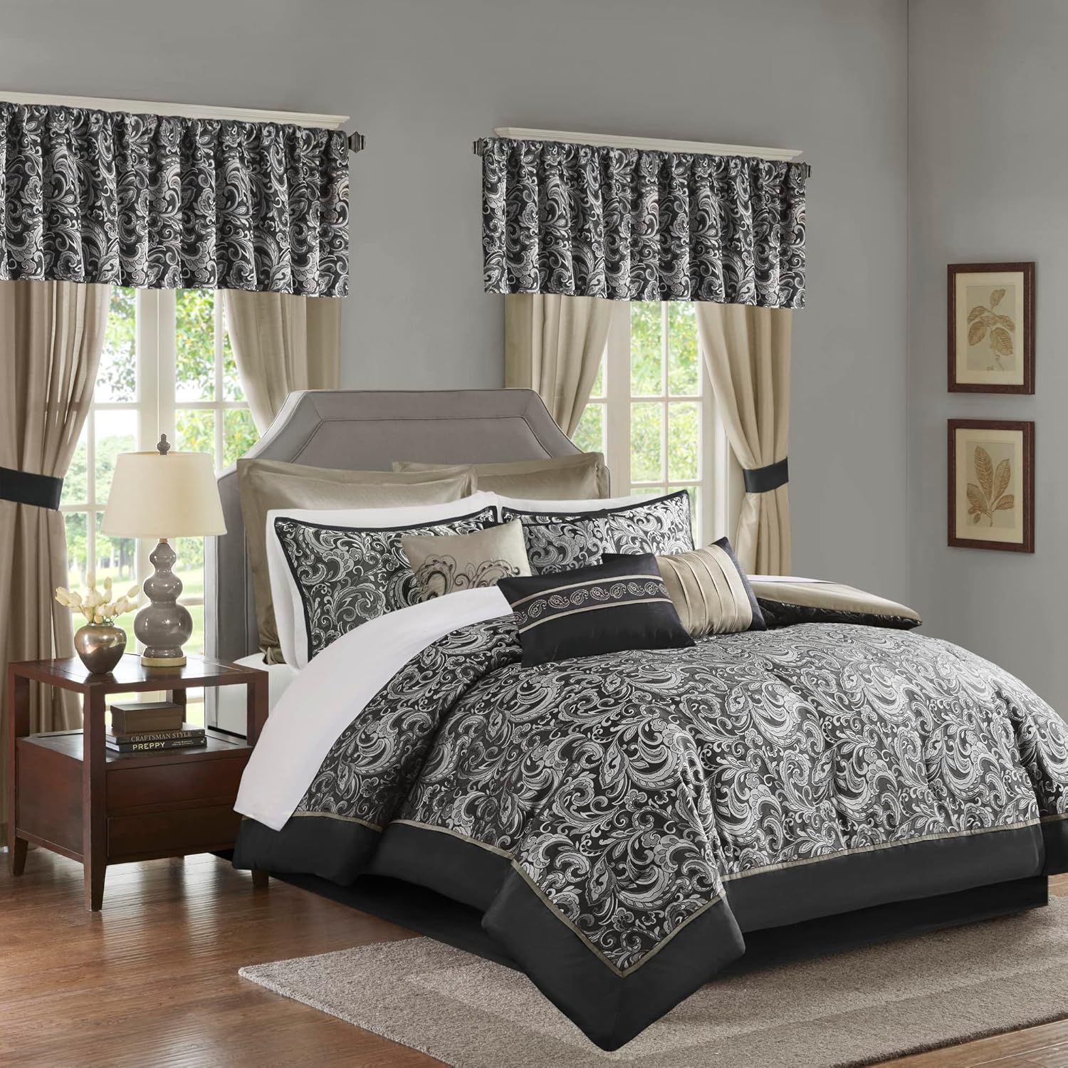 Madison Park Essentials Brystol 24 Piece Room in a Bag Faux Silk Comforter Jacquard Paisley Design Matching Curtains Down Alternative Hypoallergenic All Season Bedding-Set, King(104"x92"), Brown - Image 7
