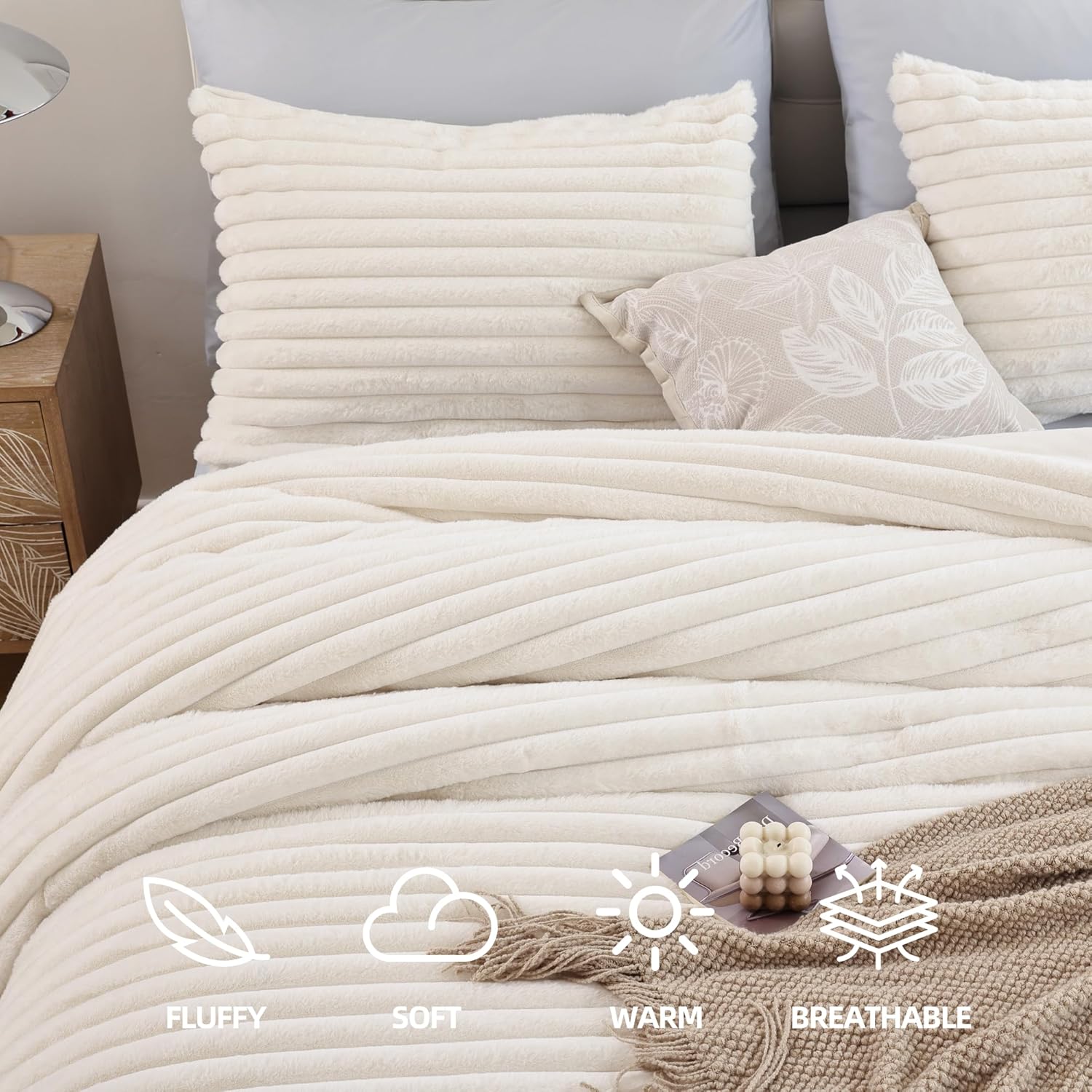 Smoofy Fluffy Queen Comforter Set 3 Pieces - Cream White Fleece Fluffy Comforter Set, Luxury Fuzzy Queen Bedding Set, Soft Warm Bed Set All Season, Heavy Faux Fur Comforter with 2 Pillow Cases - Image 2