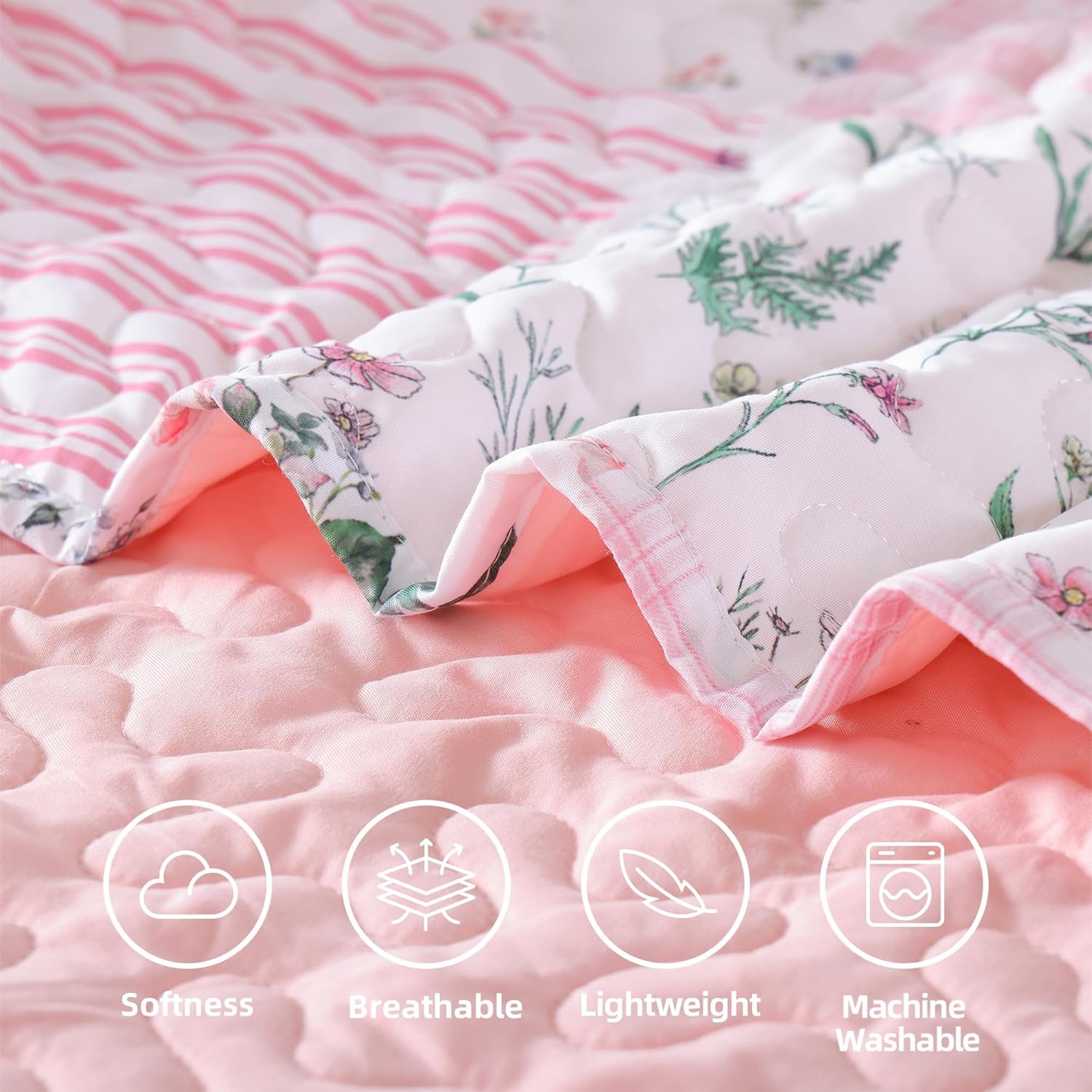 YIKUSH Quilt Sets Queen Size Floral Quilt Set 3 Pieces Bedding Set Bedspreads Pink Comforter Blanket with 2 Pillow Cases- Ultra Soft Floral Coverlet with Printed Pattern 90in.x 90in - Image 5